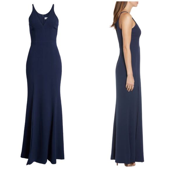 Dress The Population NWT Iris Slit Crepe Gown Size S Midnight Blue Sleeveless - Picture 2 of 12